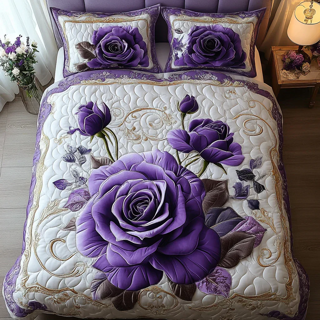 Conjunto de Roupa de Cama Acolchoada de 3 Peças Rosa Roxa - Image 3