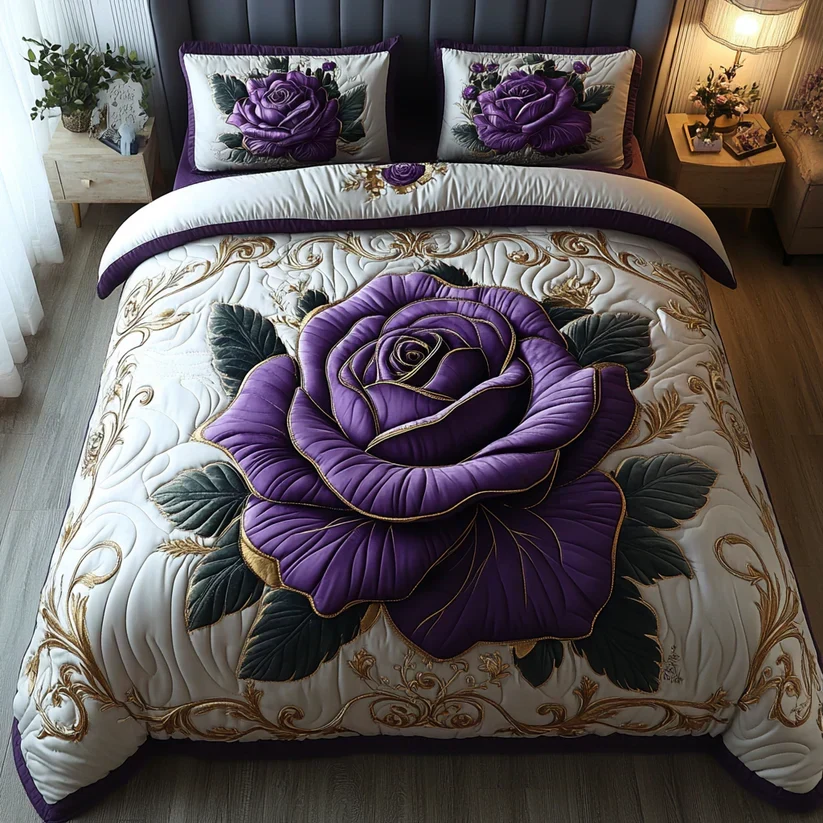 Conjunto de Roupa de Cama Acolchoada de 3 Peças Rosa Roxa - Image 5