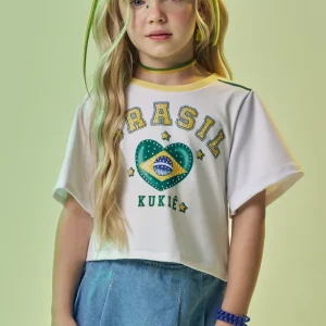 Blusa em Malha Power com Bandeira Do Brasil em Formato de Coração. Estampa Nas Costas com O Número Que Faz a Torcida Kukiê Brilhar. 99742 Kukiê Infantil Menina