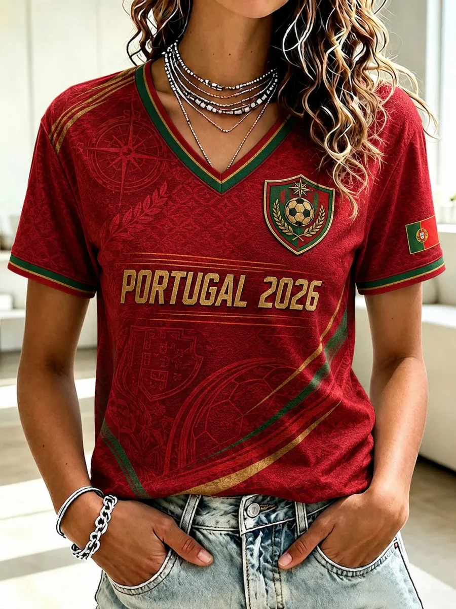 Mulheres Portugal Futebol Impresso V-neck T-shirt - Image 2